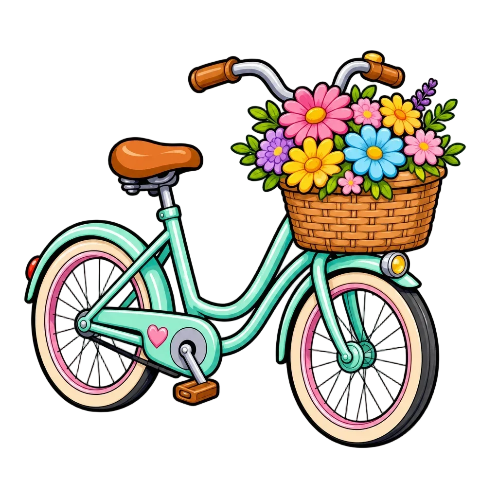 Cartoon Bicycle with Flower Basket Sticker — free clip art