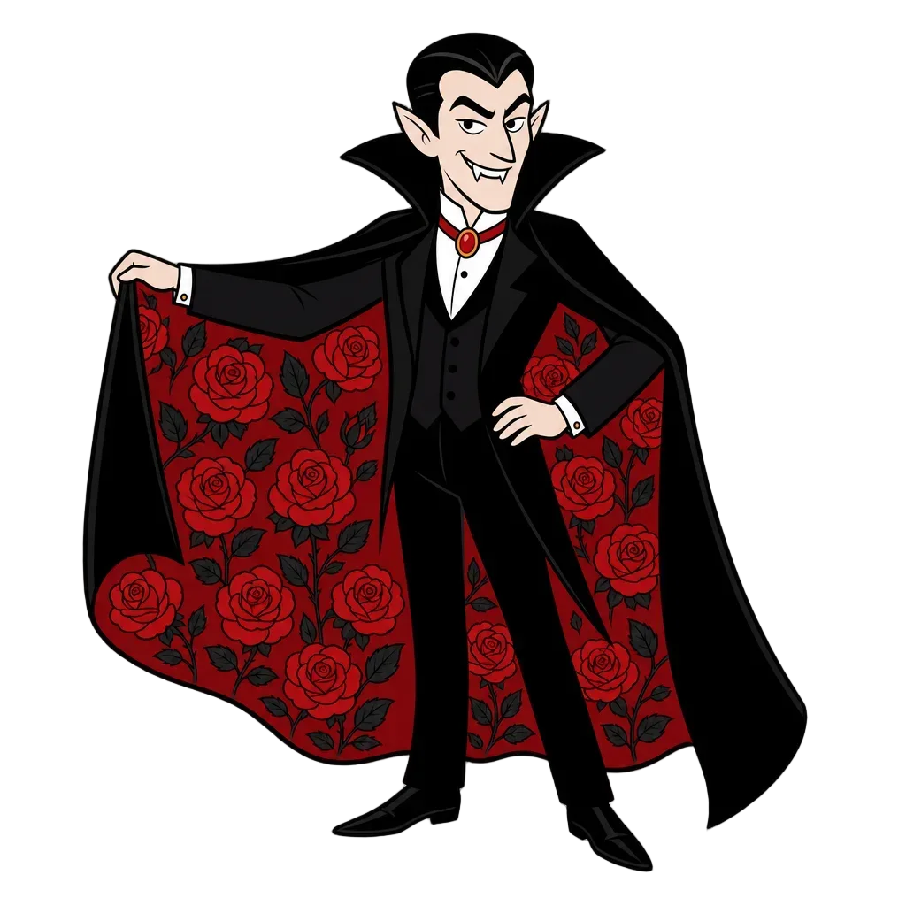 Cartoon Dracula with Rose-Lined Cape — free clip art