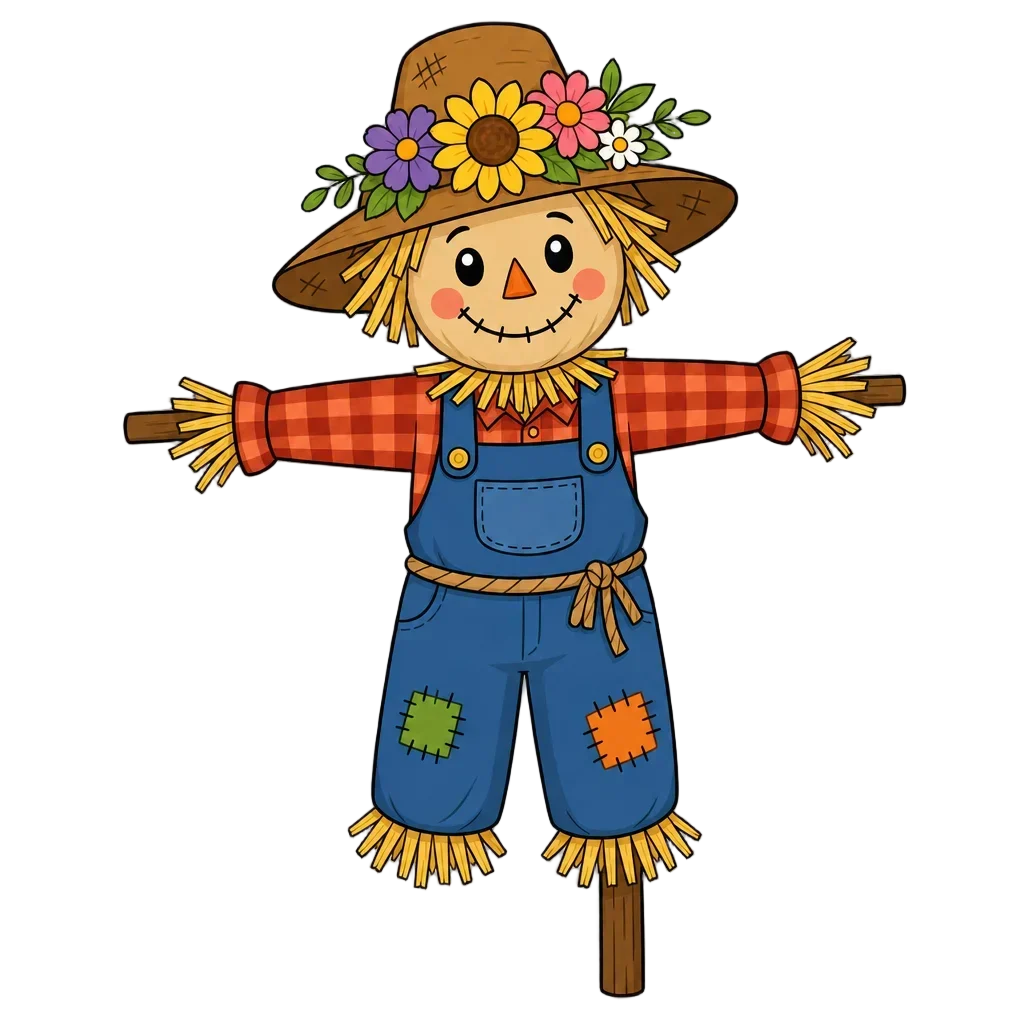 Friendly Cartoon Scarecrow with Flower Hat — free clip art