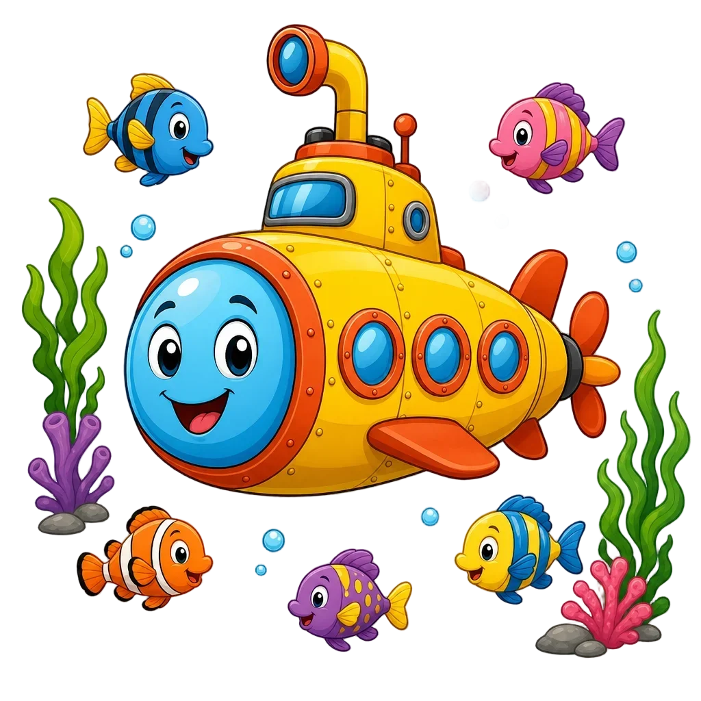 Cartoon Submarine with Colorful Fish and Seaweed — free clip art