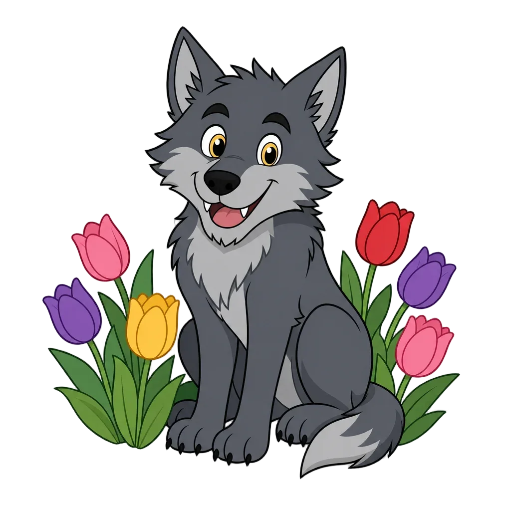 Friendly Cartoon Werewolf with Tulips in Moonlight — free clip art