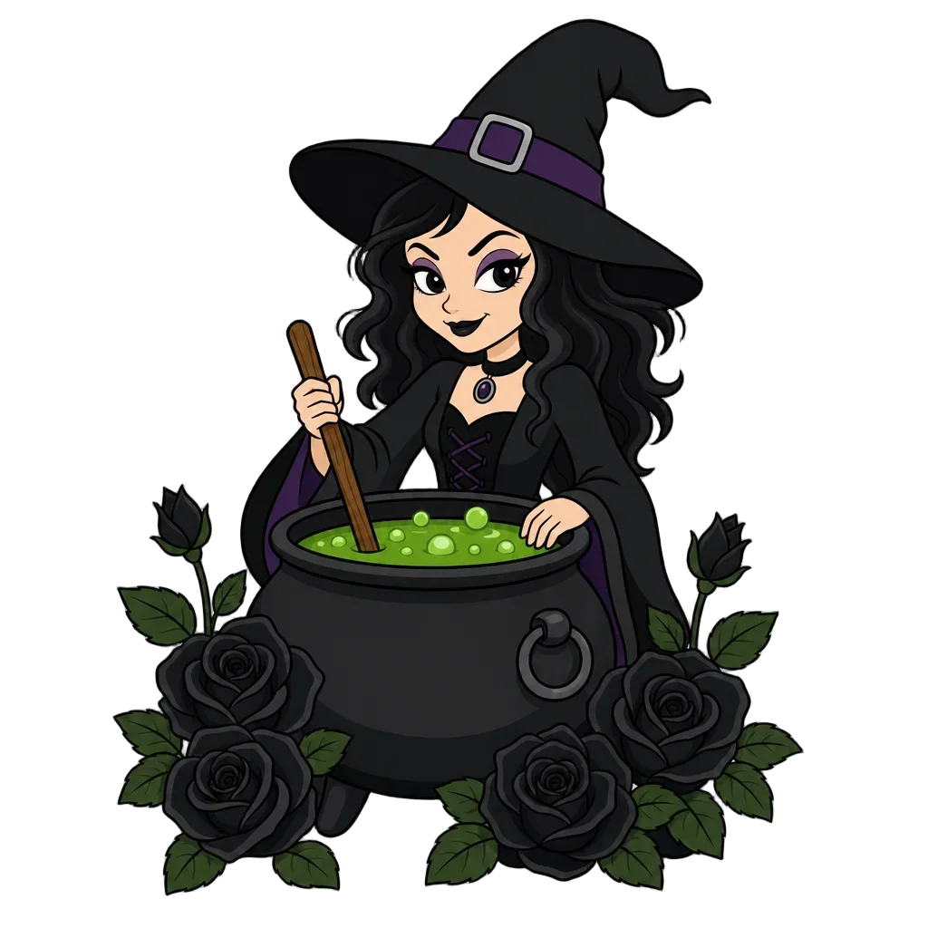 Cartoon Witch Stirring Cauldron with Black Roses — free clip art