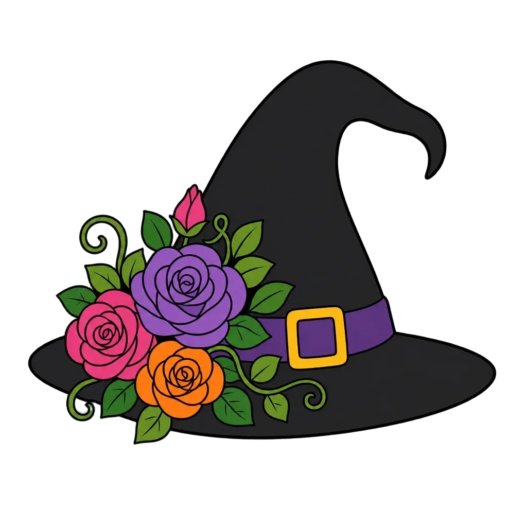 Cartoon Witch Hat with Colorful Roses — free clip art