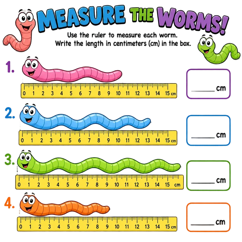Cartoon Worm Measurement Worksheet — free clip art