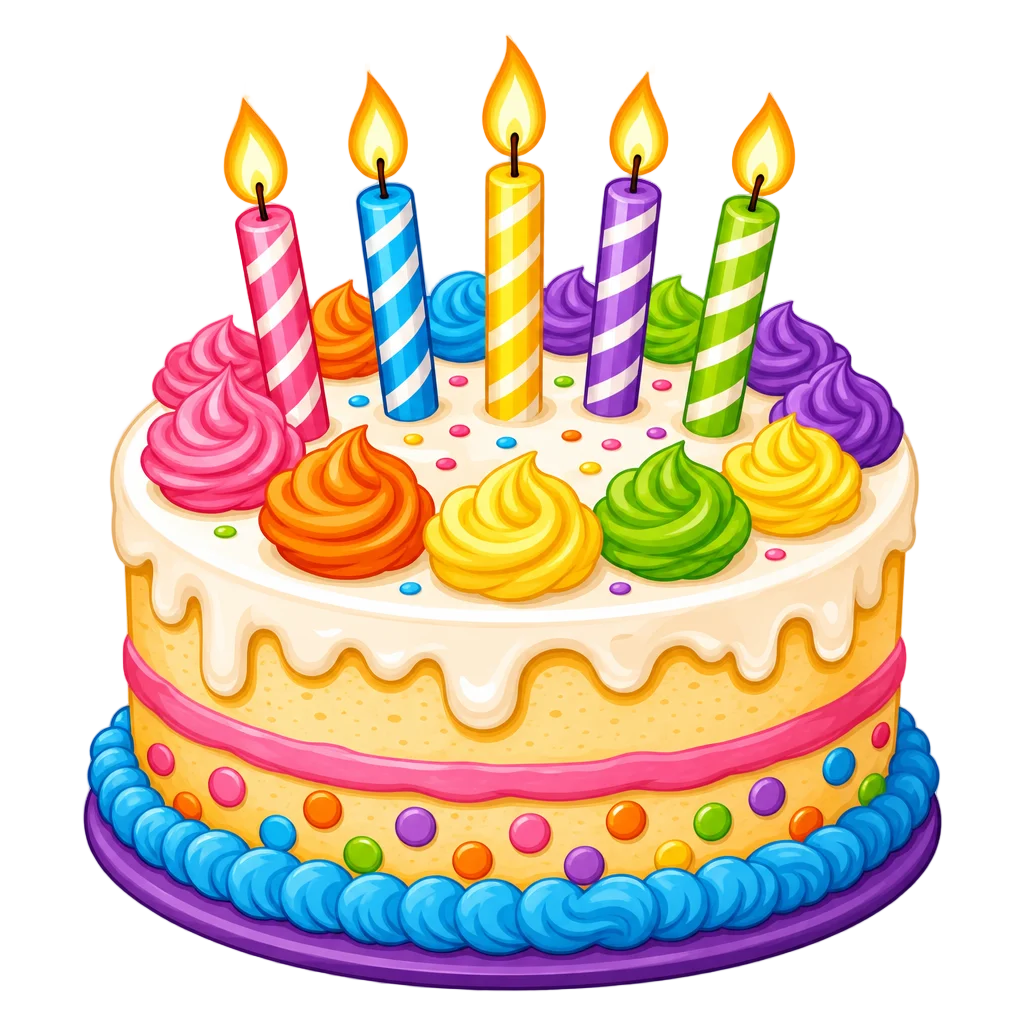 Cheerful Birthday Cake with Lit Candles — free clip art