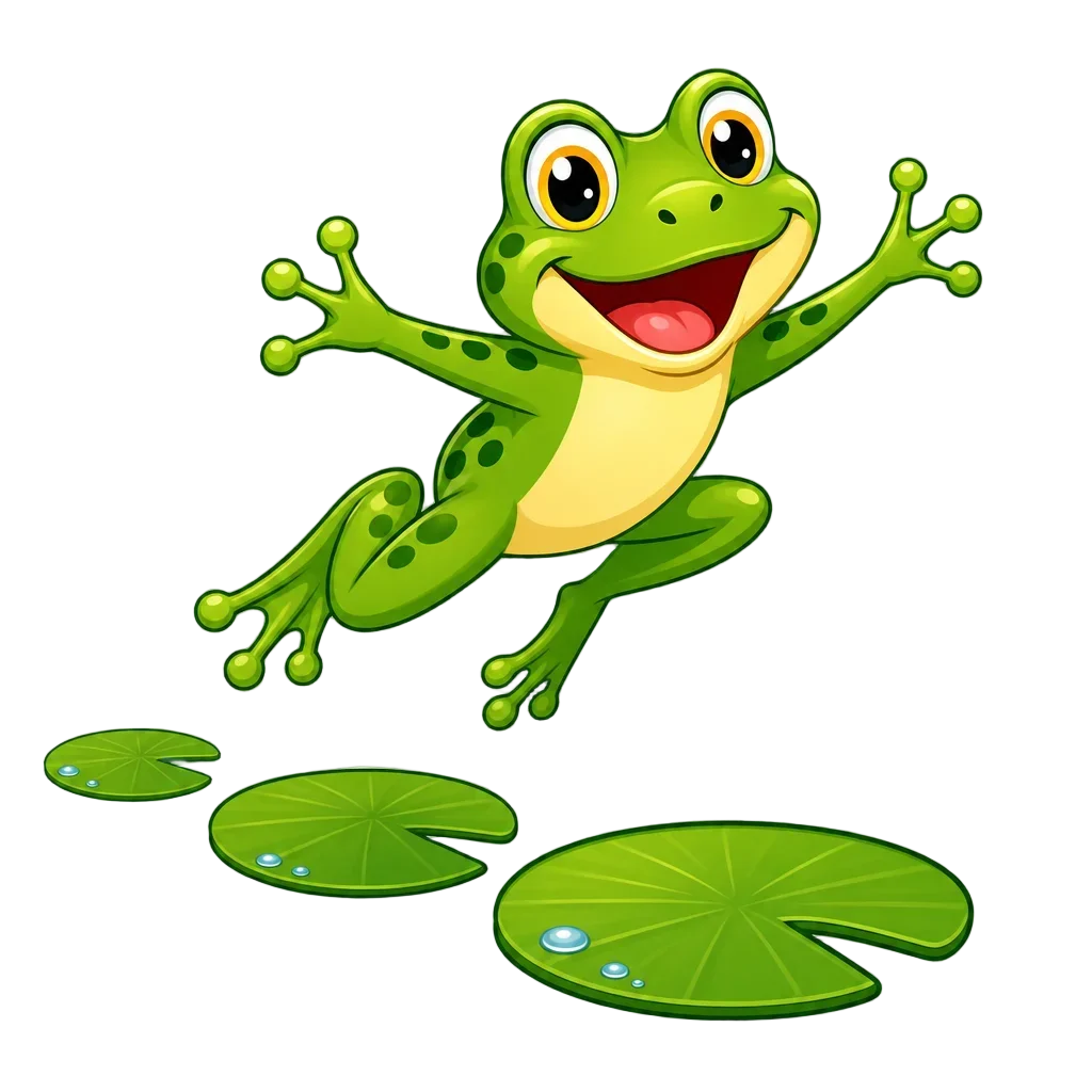 Cheerful Cartoon Frog Jumping on Lily Pads — free clip art