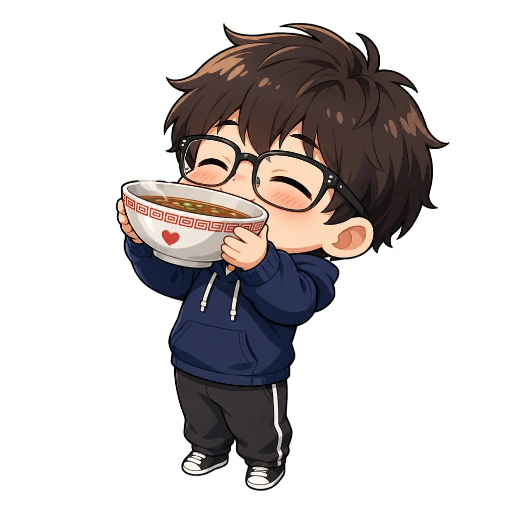Chibi Boy Drinking Broth Blissfully — free clip art