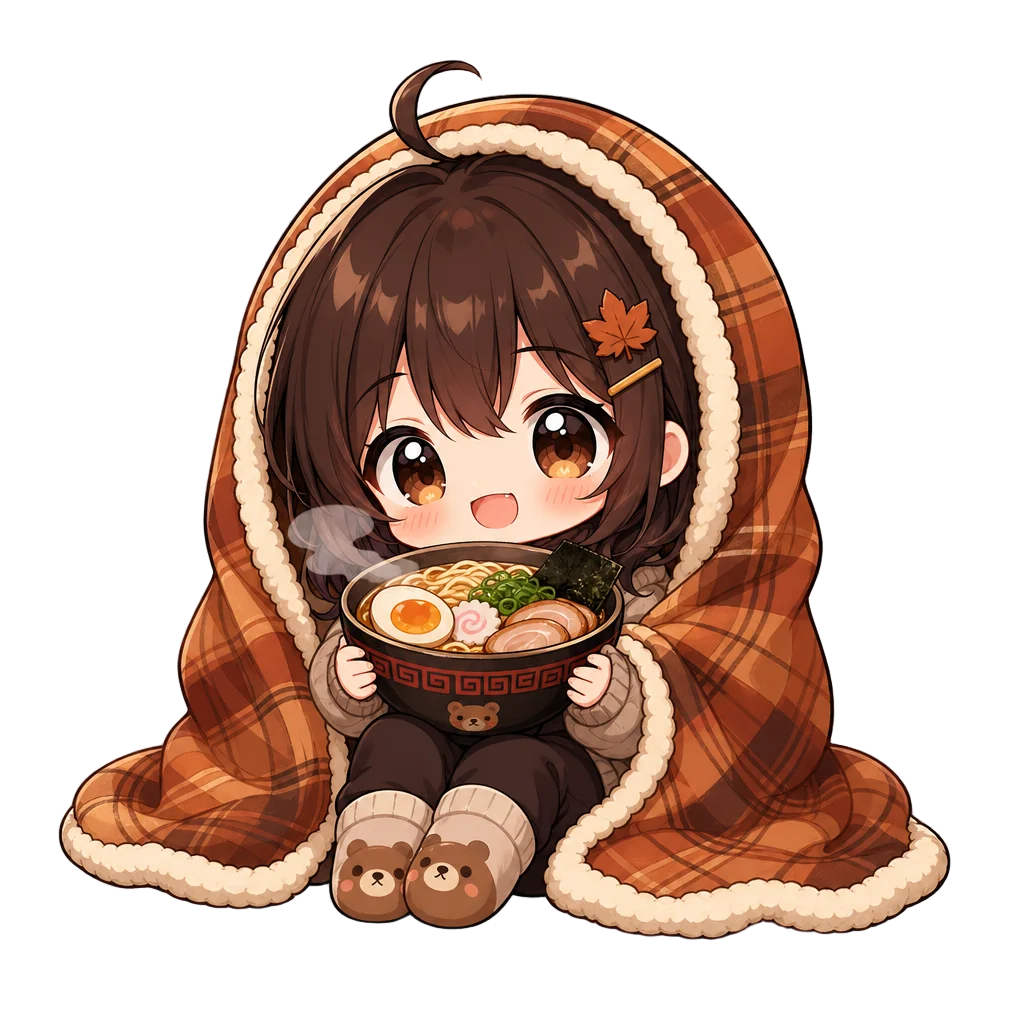 Chibi Character Eating Ramen on Rainy Day — free clip art