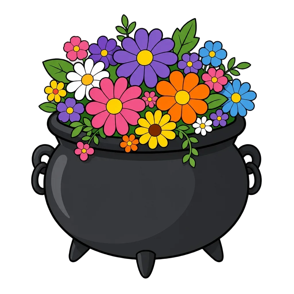 Colorful Flower Cauldron Cartoon Illustration — free clip art