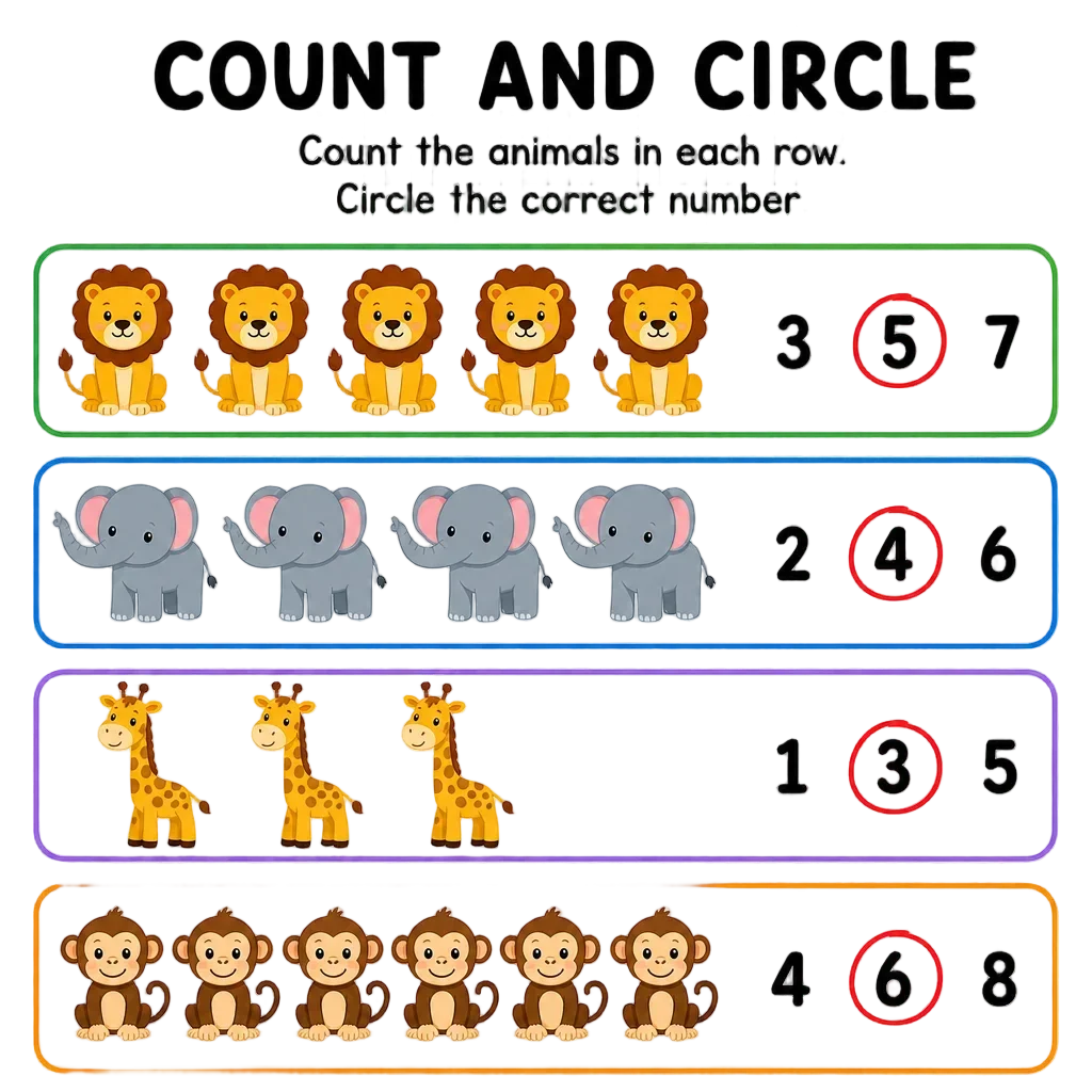 Count and Circle Animals Worksheet — free clip art