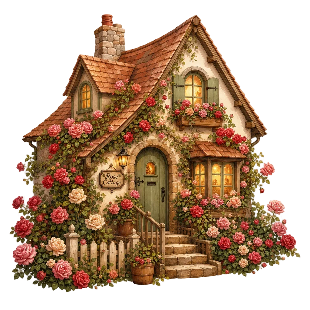 Cozy Cottage with Rose Garden — free clip art