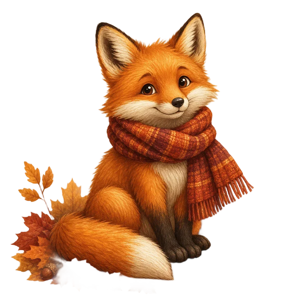 Cozy Fox in Autumn Leaves with Scarf — free clip art