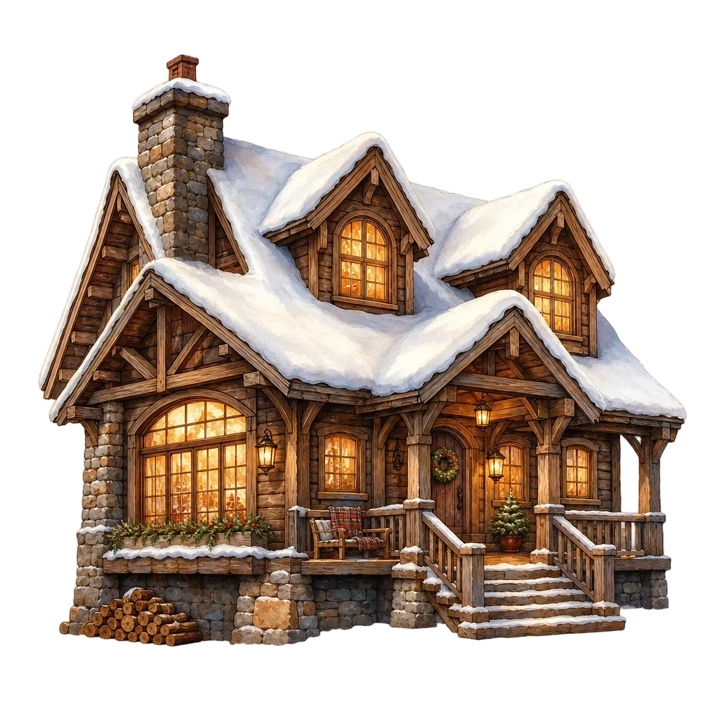 Cozy Mountain Lodge Cabin in Snow — free clip art