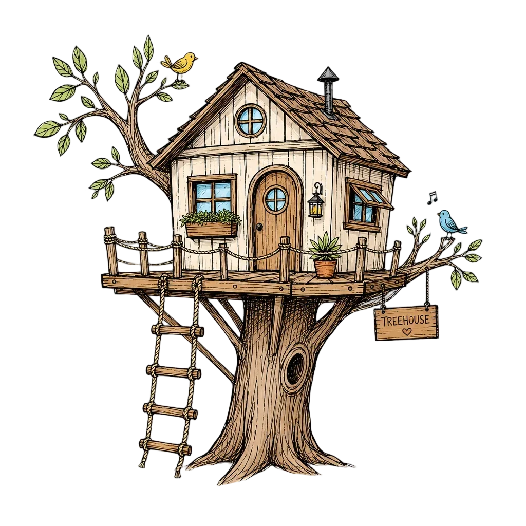 Cozy Treehouse with Rope Ladder Doodle — free clip art