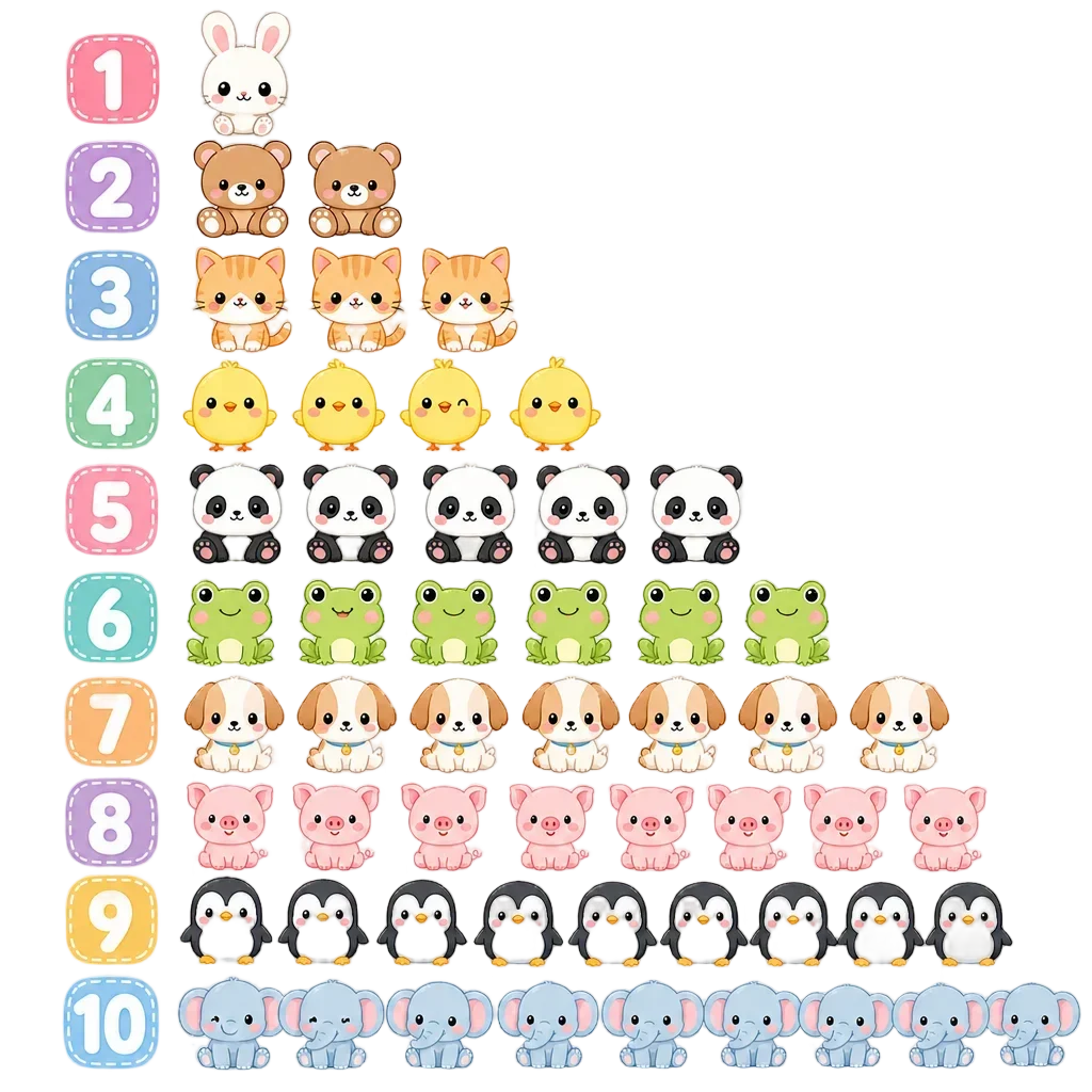 Cute Animal Counting Worksheet 1-10 Kawaii — free clip art