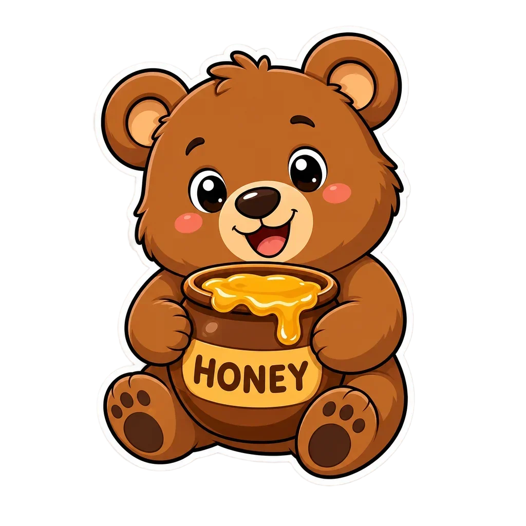 Cute Brown Bear Holding Honey Pot Sticker — free clip art
