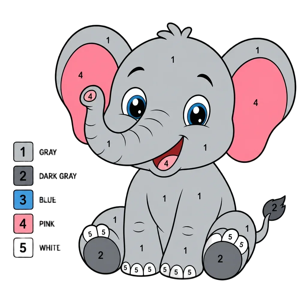 Cute Elephant Color-by-Number Worksheet — free clip art