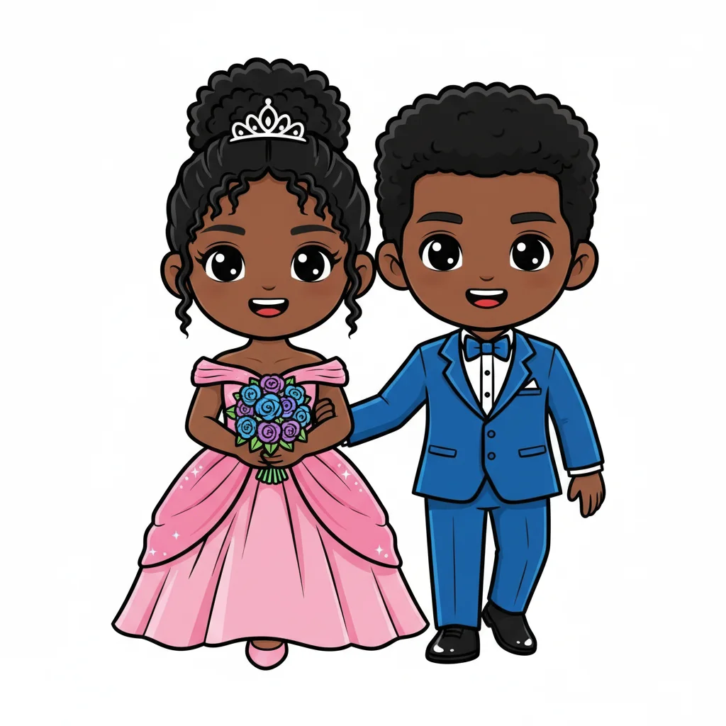 cute high school couple going to prom, afro teens, chibi design — free clip art
