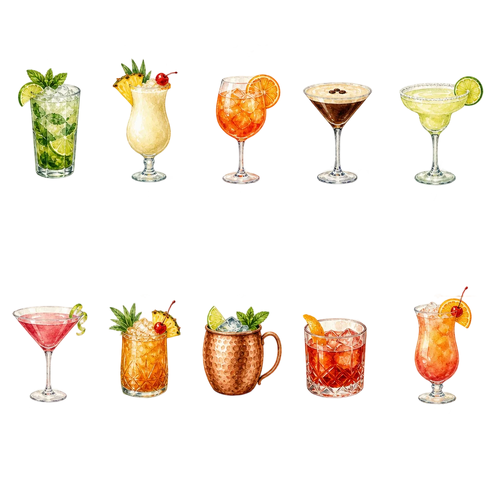 Elegant Watercolor Cocktail Recipe Collection — free clip art
