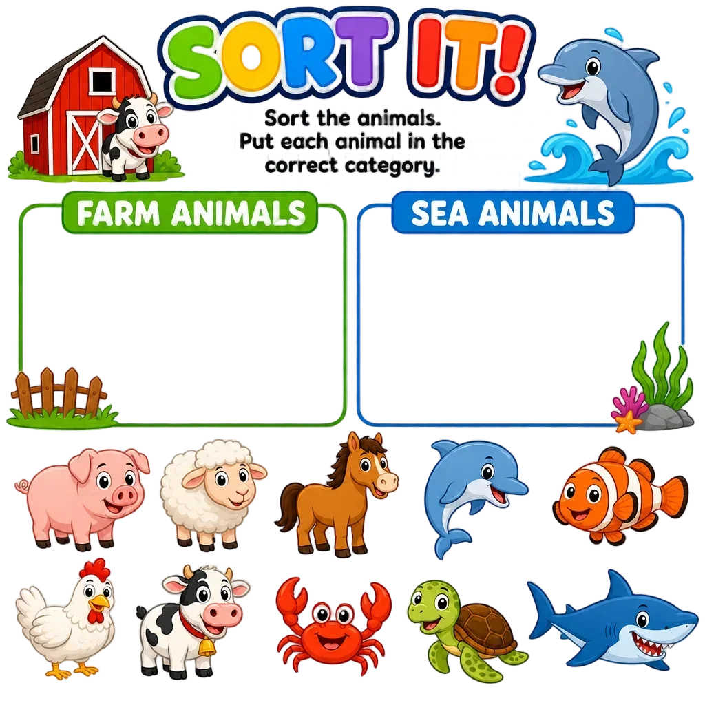 Farm and Sea Animals Sorting Worksheet — free clip art