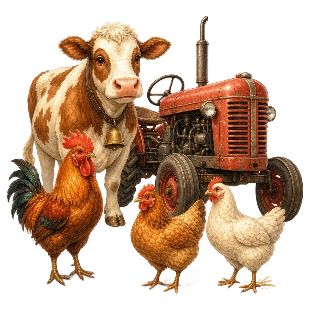 Farmyard Scene with Barn Animals and Tractor — free clip art