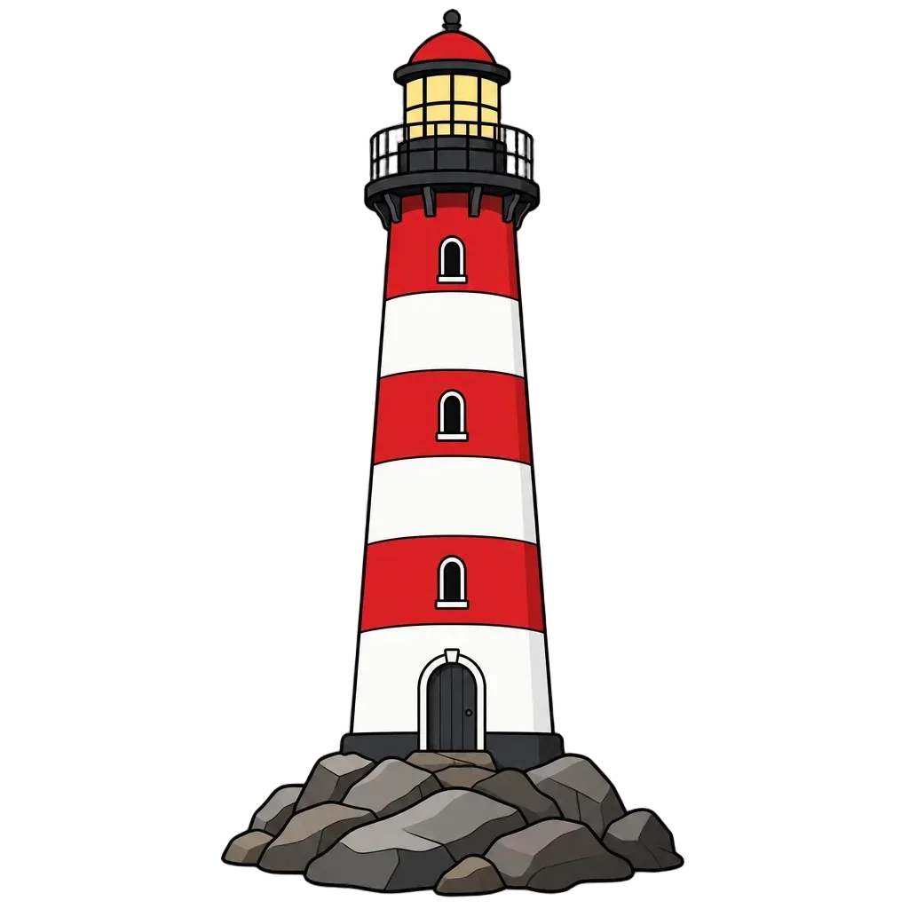 Flat Striped Lighthouse on Rocky Shore — free clip art