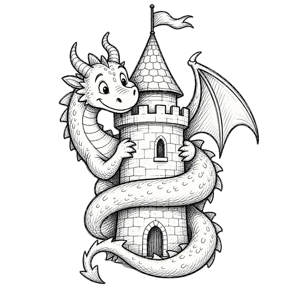 Friendly Dragon Curled Around Castle Tower — free clip art