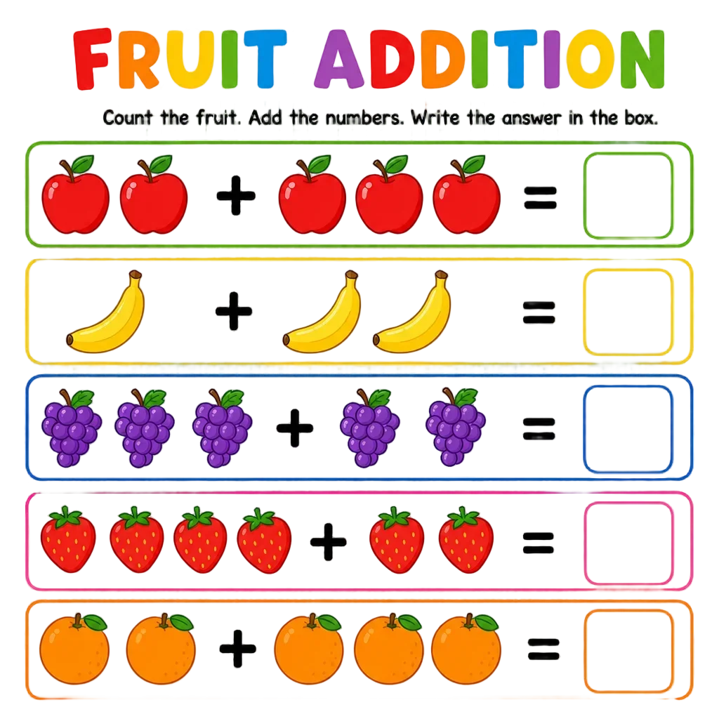 Colorful Fruit Addition Worksheet for Kindergarten — free clip art