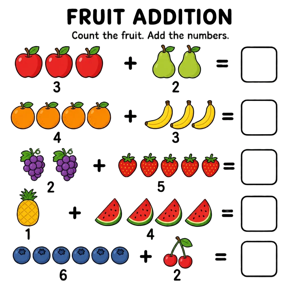 Fruit Counter Addition Worksheet — free clip art