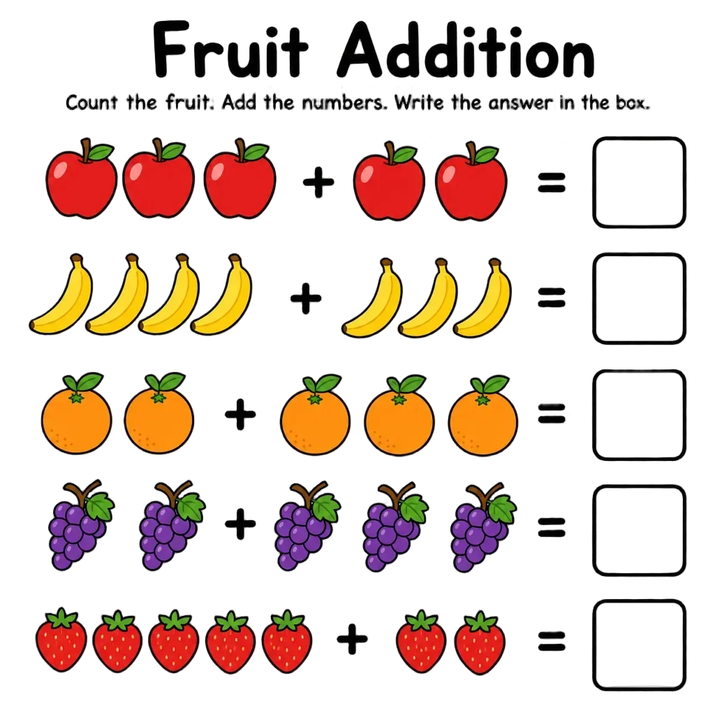 Fruit Counting Addition Worksheet — free clip art