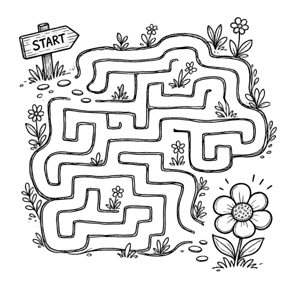 Garden Maze Worksheet with Flower Center — free clip art