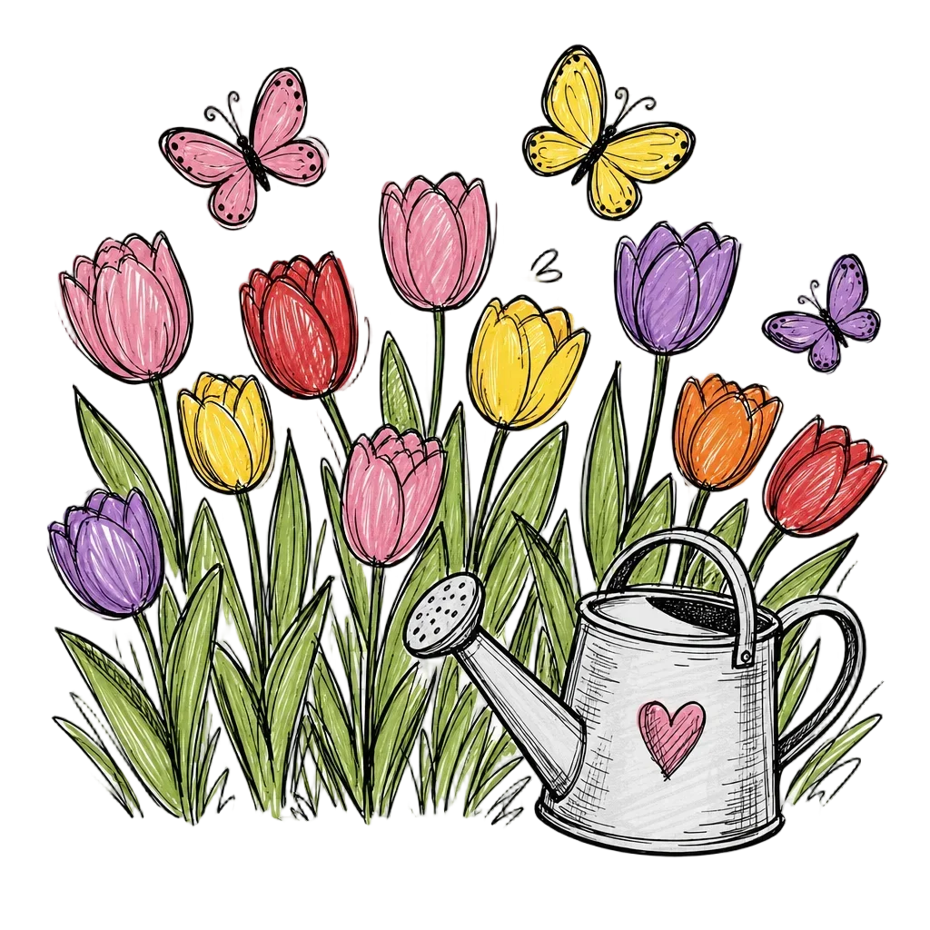 Garden Tulips with Butterflies and Watering Can — free clip art