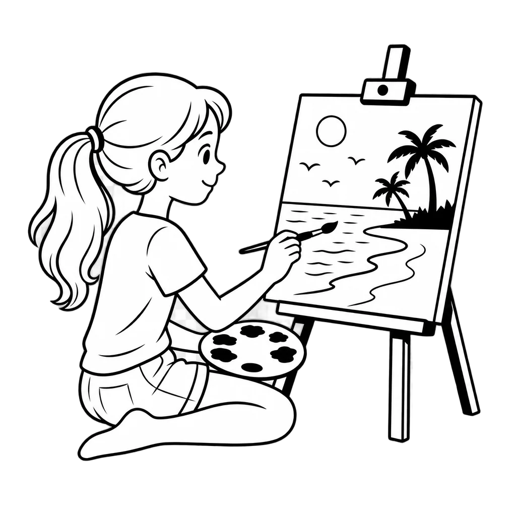 Girl Painting Beach Scene — free clip art