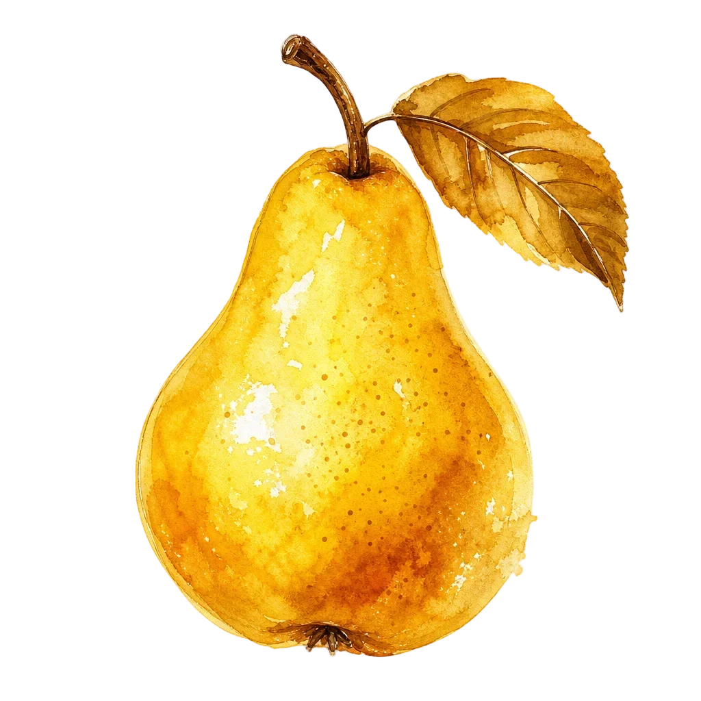 Golden Pear with Stem and Leaf Watercolor — free clip art