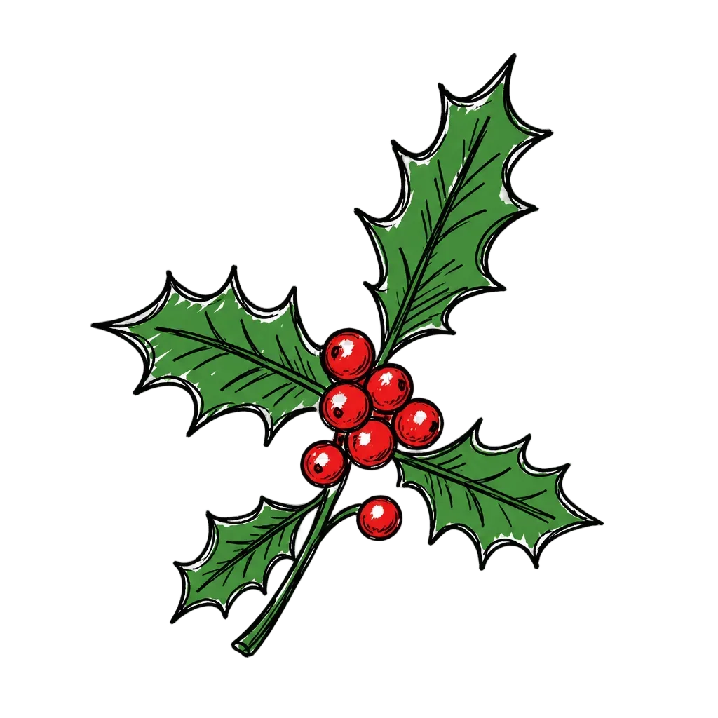 Spiky Green Holly Branch with Red Berries — free clip art