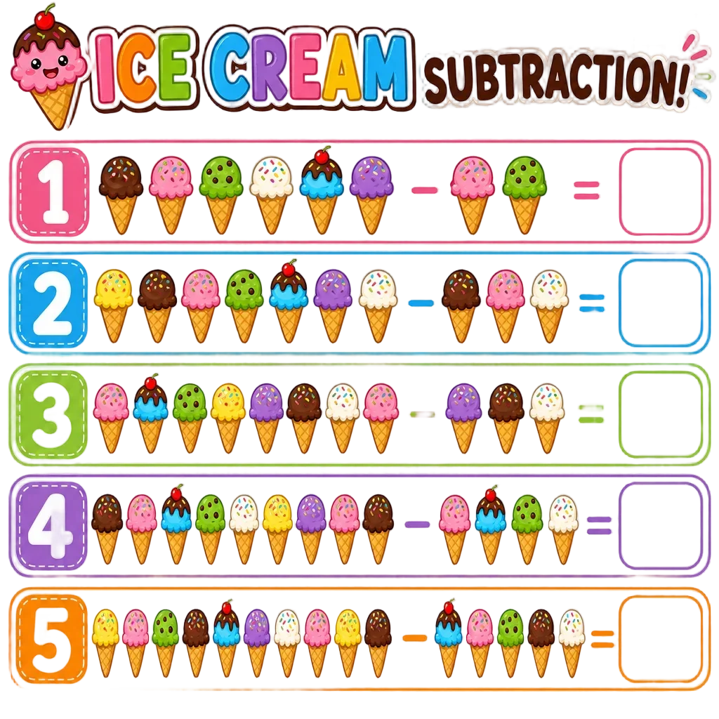 Cartoon Ice Cream Cone Subtraction Worksheet — free clip art