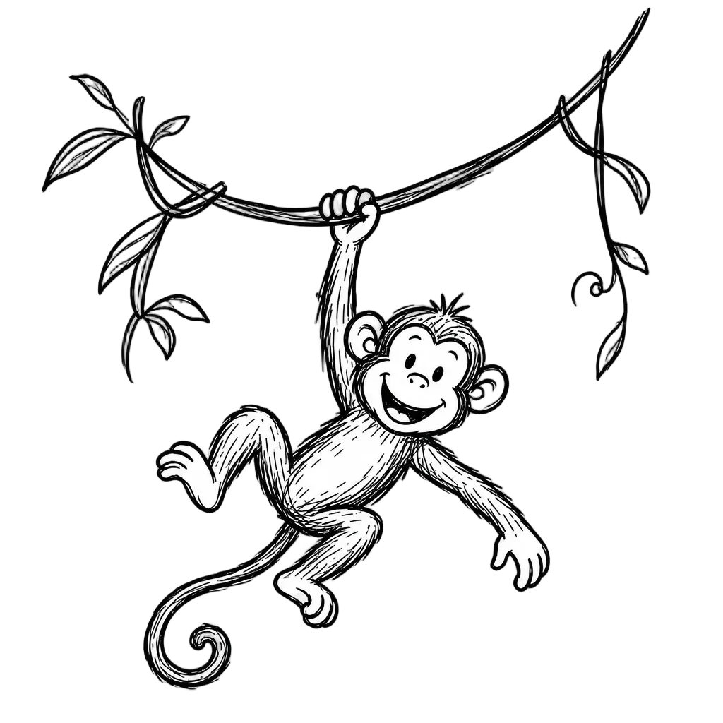 Jungle Monkey Swinging Vines Doodle — free clip art