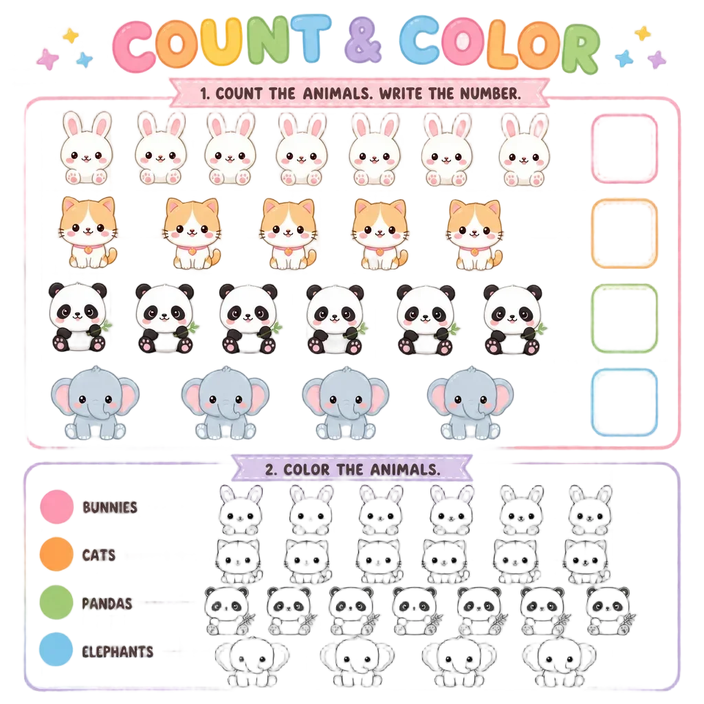 Kawaii Animal Count and Color Worksheet — free clip art