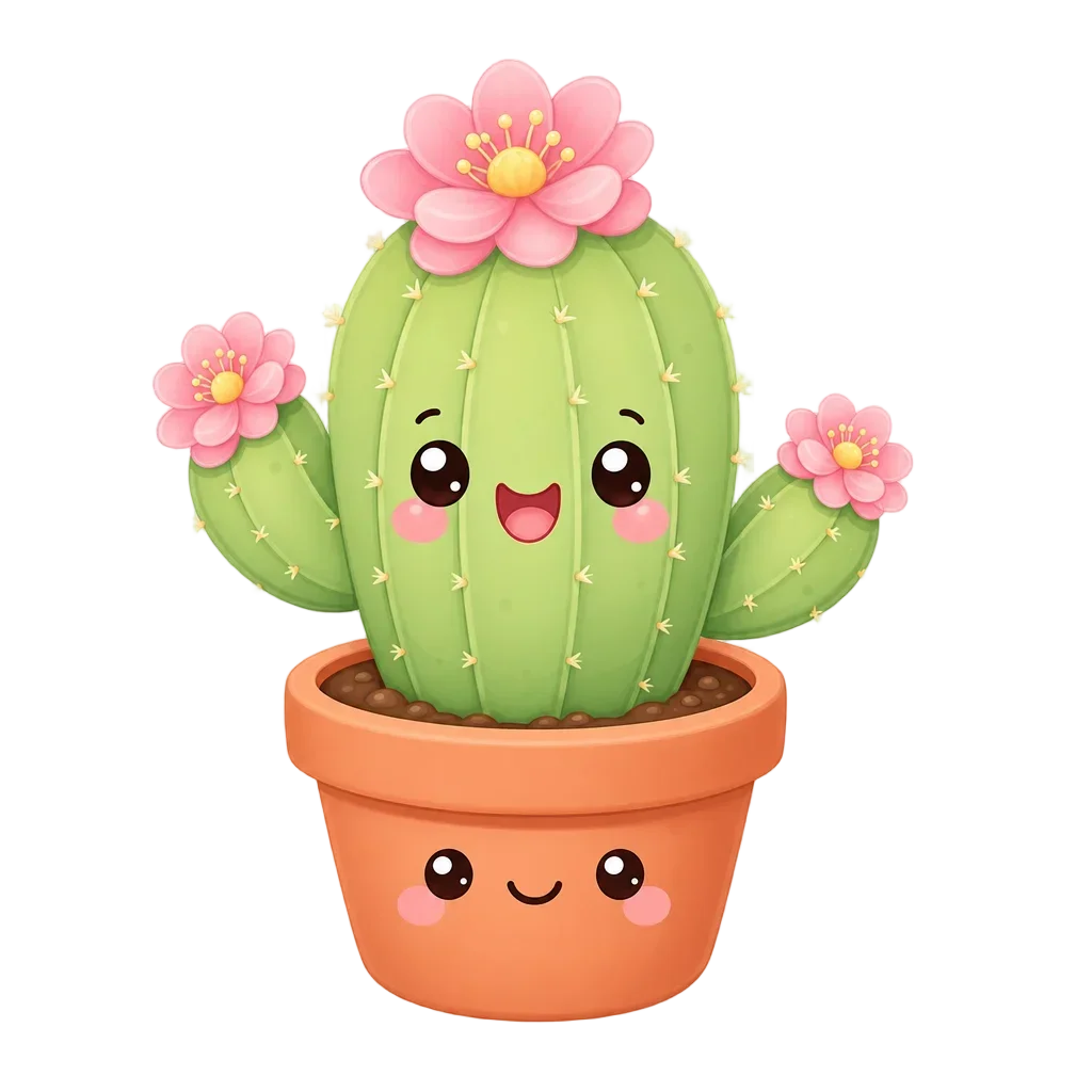 Cute Kawaii Cactus with Pink Flowers — free clip art