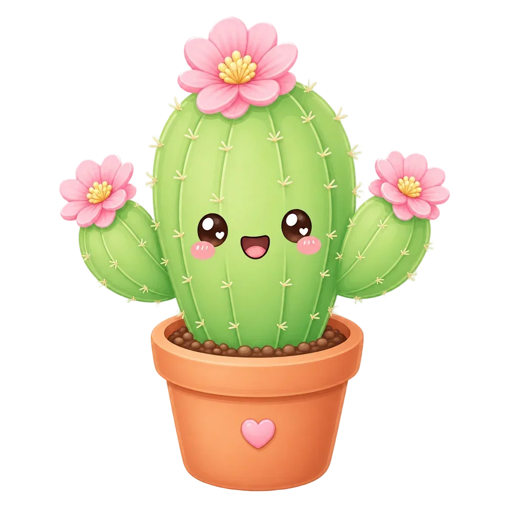Kawaii Cartoon Cactus with Pink Flowers — free clip art