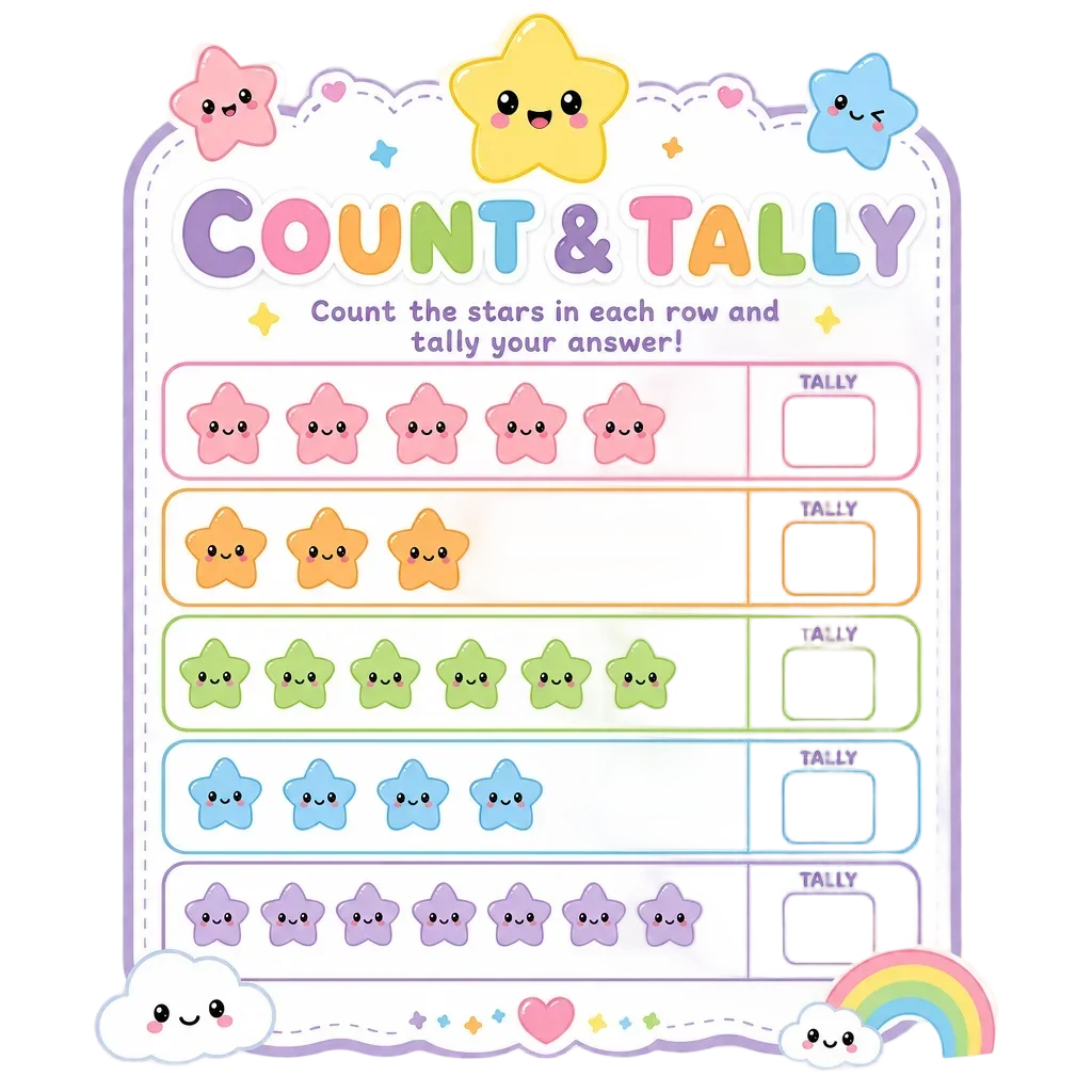 Kawaii Colorful Stars Counting Worksheet — free clip art