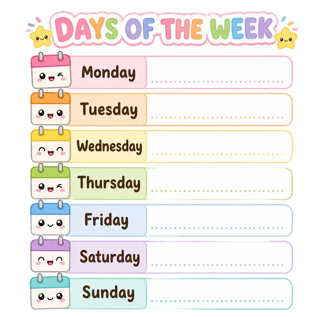 Kawaii Days of the Week Calendar Worksheet — free clip art