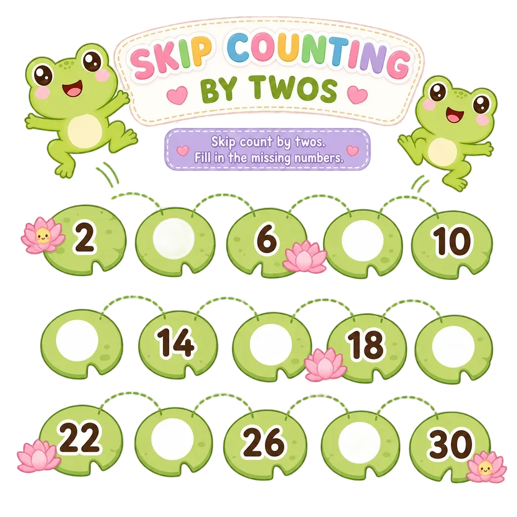 Kawaii Hopping Frogs Skip Counting by Twos Worksheet — free clip art