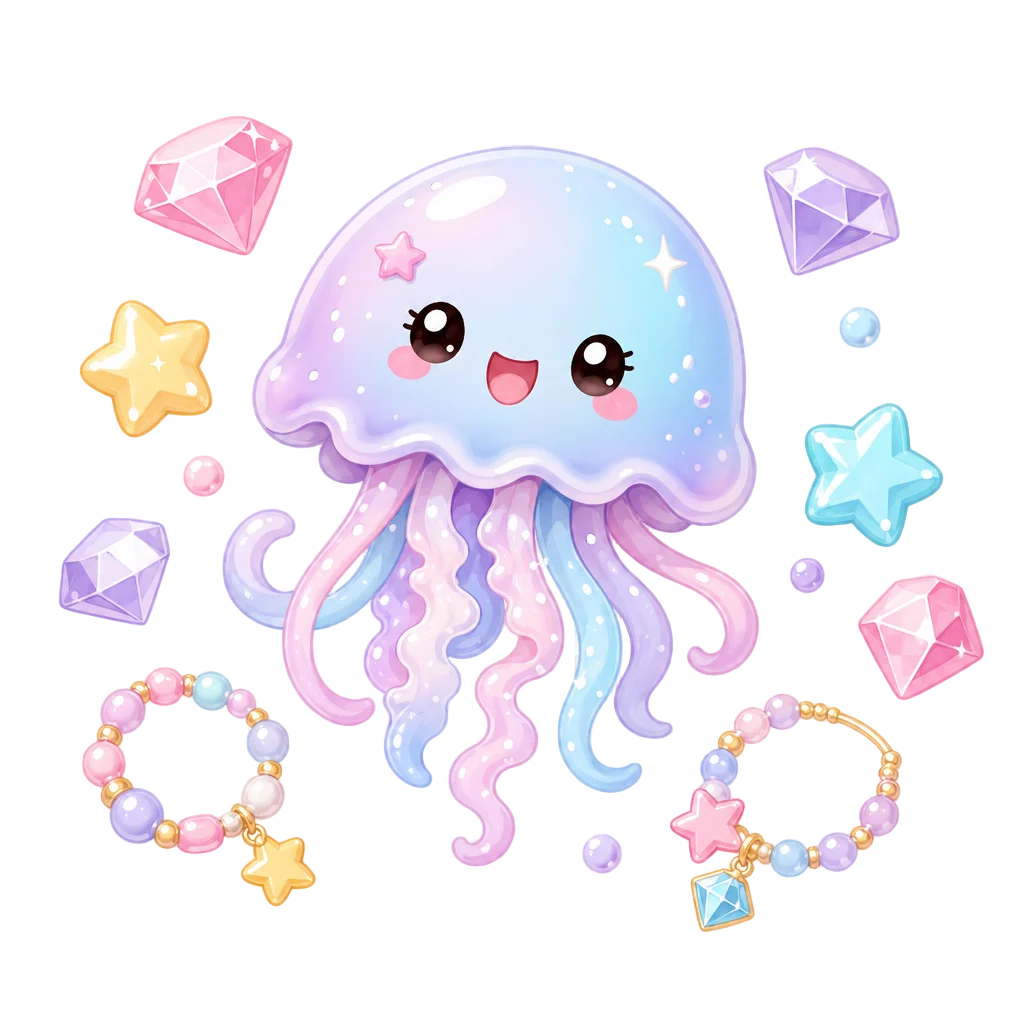 Kawaii Jellyfish with Underwater Treasure — free clip art