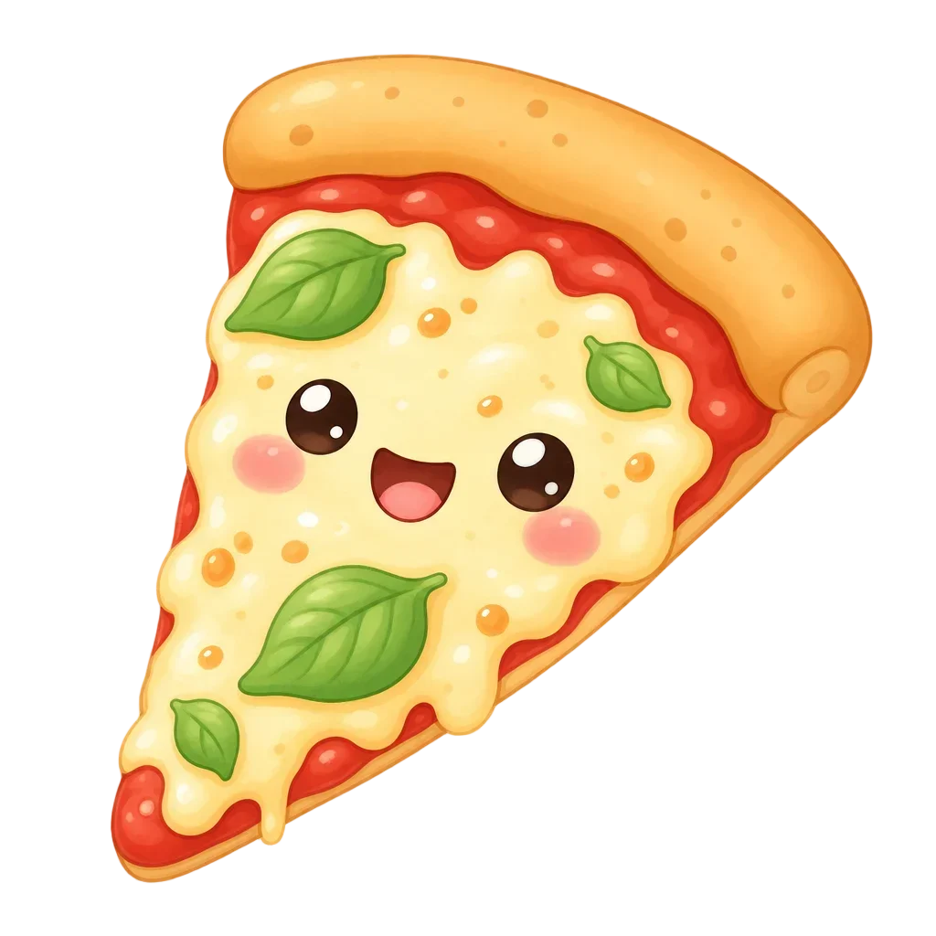 Kawaii Cheesy Pizza Slice with Basil — free clip art