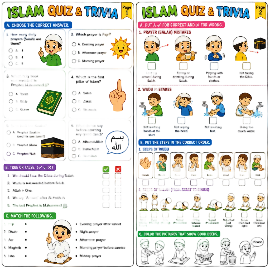 Kids Islamic Prayer and Wudu Quiz — free clip art