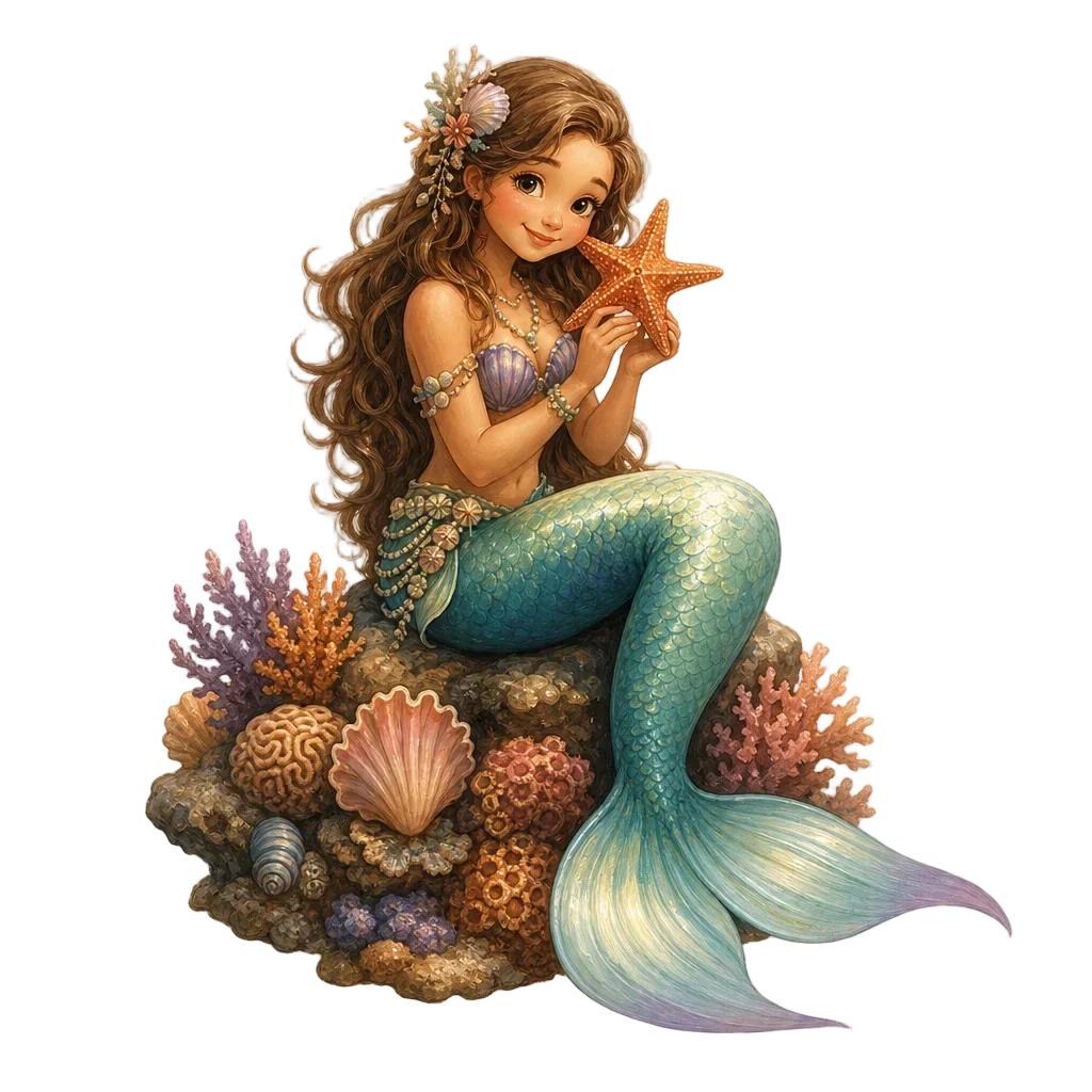 Mermaid on Coral Reef with Starfish — free clip art