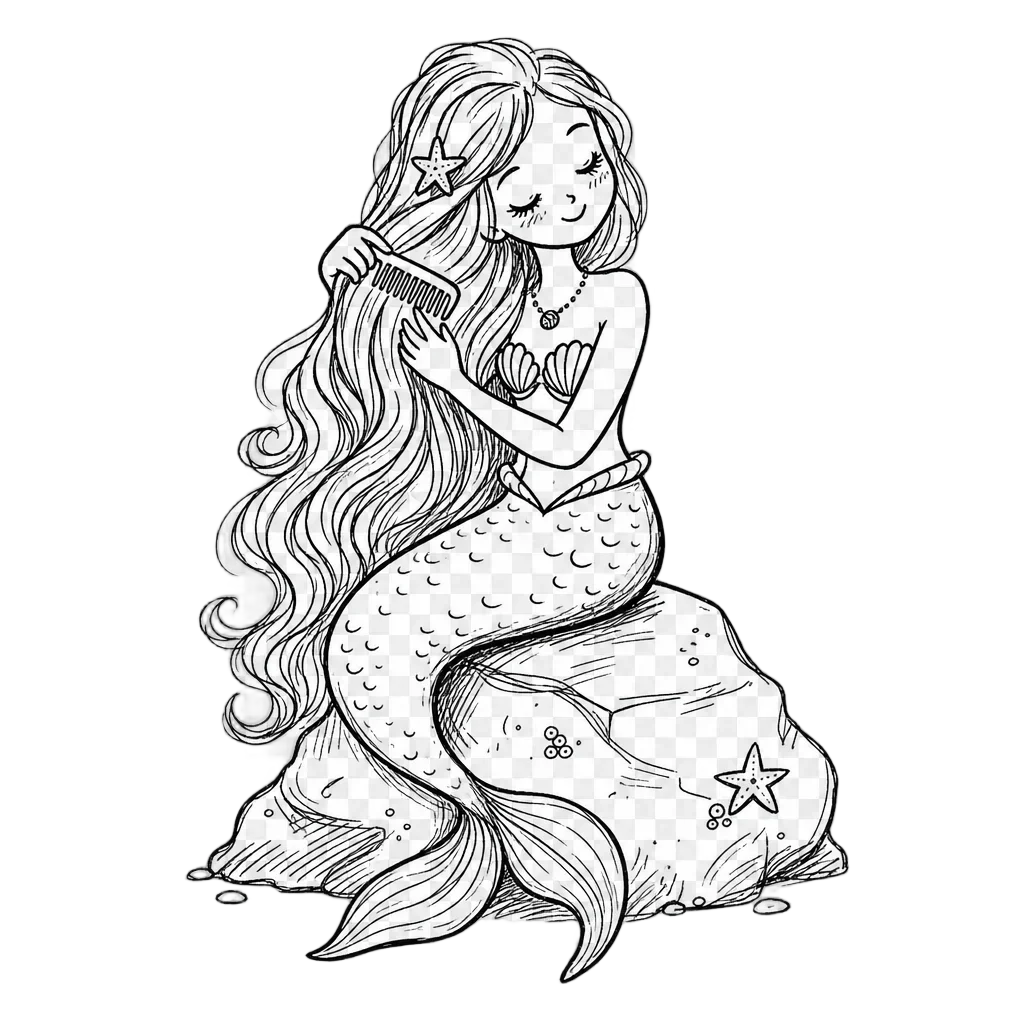 Mermaid on Rock Combing Hair Doodle — free clip art