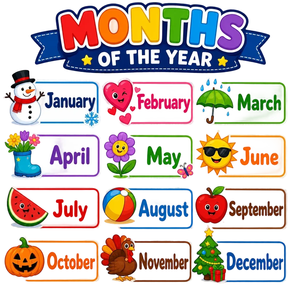 Months of the Year Worksheet with Seasonal Icons — free clip art