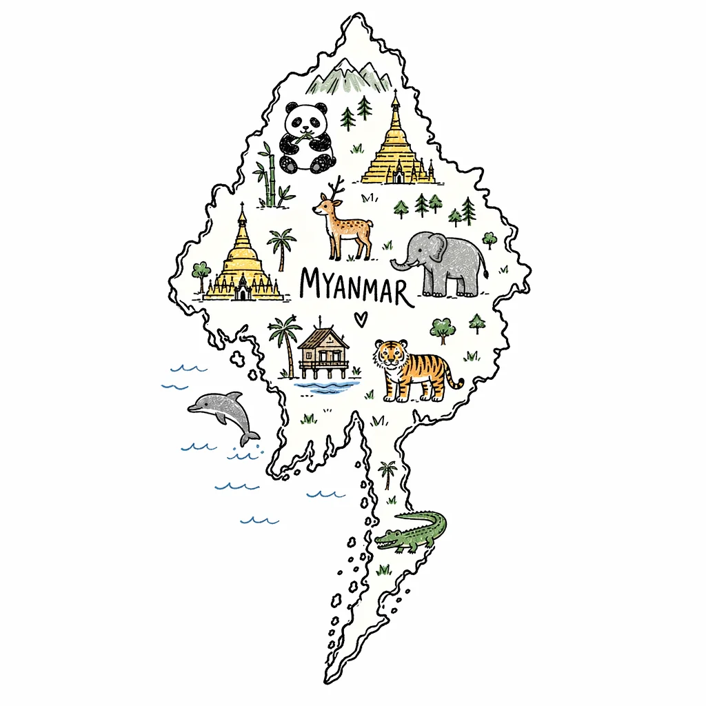 Myanmar Map with Native Animals — free clip art